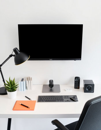 workplace with blank screen tv, computer and office supplies on table