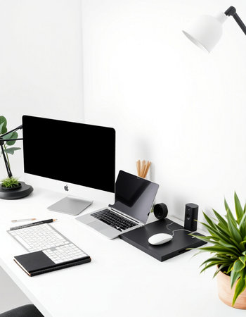 Modern workspace with blank computer screen, keyboard, mouse, notebook and other items. Mock up, 3D...