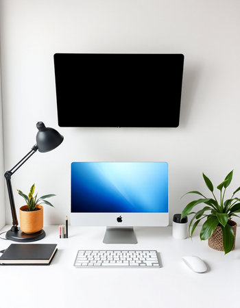 Modern workspace with computer monitor, keyboard, mouse, lamp and plant on white wall