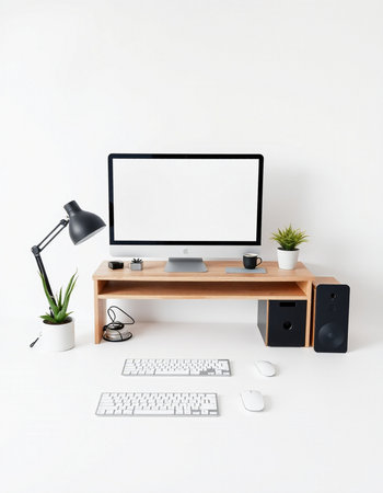 Modern workplace with computer, keyboard, mouse and coffee cup on white background