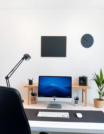 Minimalistic workplace with computer, mouse, keyboard and other items. Mock up