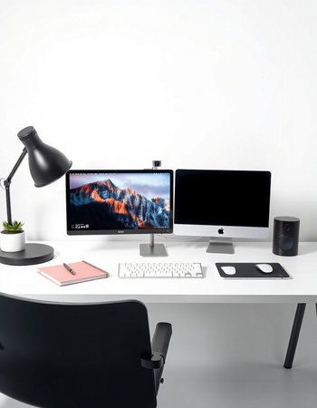 Modern workspace with computer, tablet and mouse on table. 3D Rendering