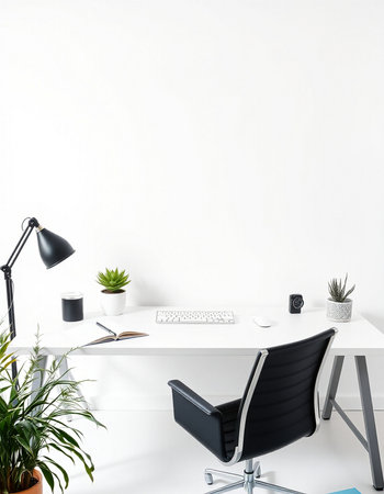 Modern office interior with blank white wall, furniture and accessories. Mock up, 3D Rendering