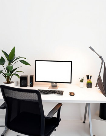 Comfortable workplace with blank screen computer, keyboard, mouse, lamp and plant