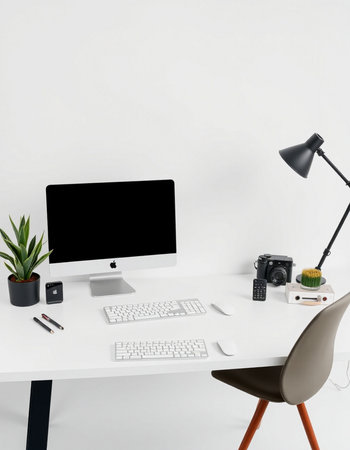 workplace with computer, lamp, camera and other objects. 3d rendering