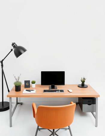 Interior of modern office with white walls, concrete floor, orange armchair, computer, coffee table...