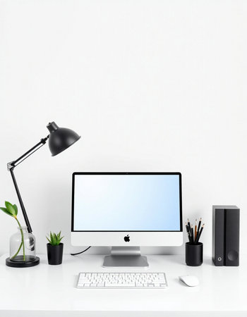 Modern workspace with blank screen computer, keyboard, mouse, lamp and stationery on white table. 3d...