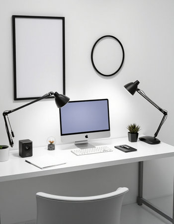 Workplace with computer, lamp and other items on table. 3d render