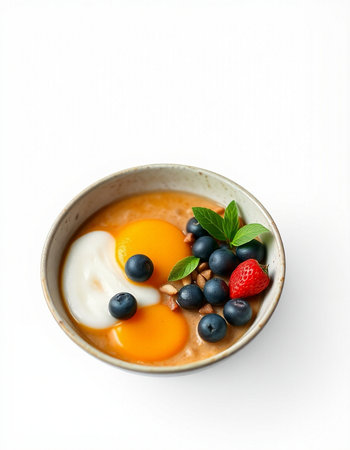 Healthy breakfast with oatmeal, berries and yogurt on white background