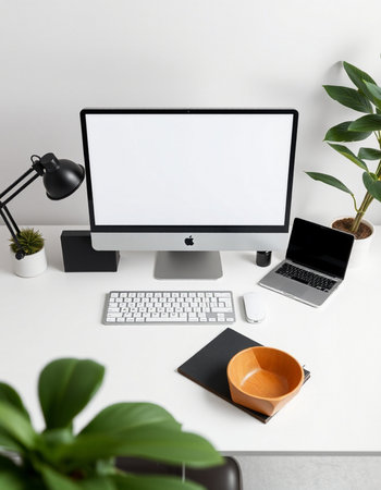 Modern workspace with blank computer screen, keyboard, mouse, bowl and plant. Mock up