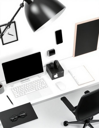 Modern workplace with computer, mobile phone, stationery and accessories on white background