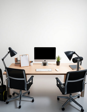workplace with computer, lamp and stationery. 3d rendering
