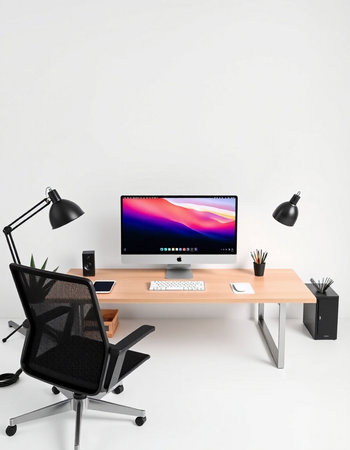 3D Illustration of a modern designer desktop with a computer and a lamp