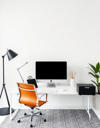 Modern office interior with white walls, concrete floor, orange armchair and computer. 3d rendering...