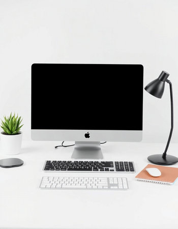 Modern white office desk with computer, keyboard, mouse, lamp and plant. 3D Rendering