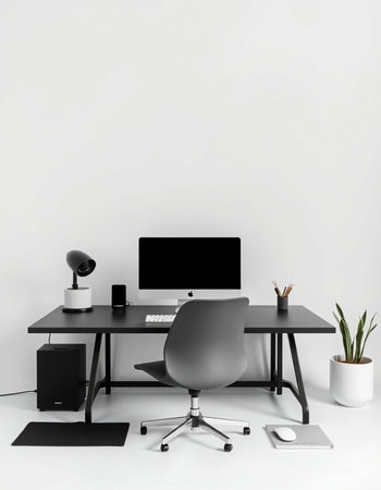 workplace with computer, keyboard and mouse on white background, 3d render