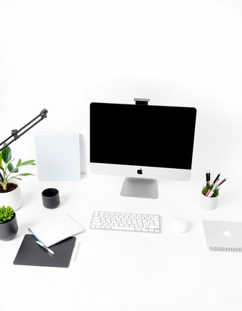 Top view of modern designer workspace with blank computer monitor, keyboard, stationery, coffee cup...