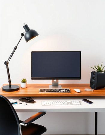 workplace with computer, keyboard, mouse, lamp and other objects