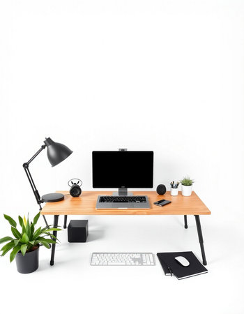 Modern workspace with computer, keyboard, mouse, lamp and plant on white background