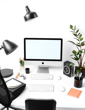 3D illustration of a computer screen on a table in an office, workspace background