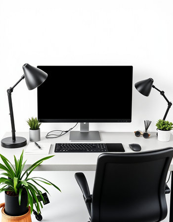 Modern workspace with computer and accessories on table. 3D Rendering