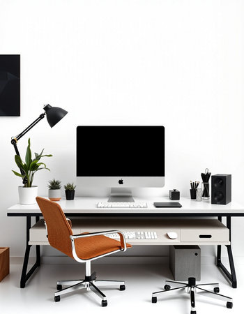Workplace with a computer on a white wall.