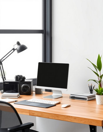 workplace with computer, camera, notebook and other items in modern office