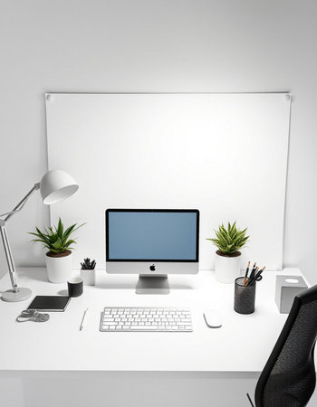 workplace with computer, plant and stationery.