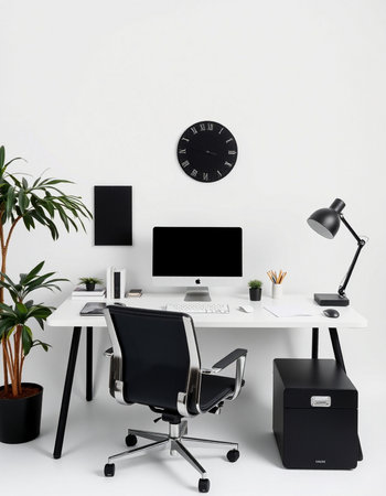 workplace with computer, lamp and office supplies on white wall background
