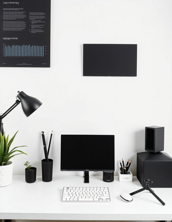 Modern workspace with computer and stationery on white table. Mock upの写真素材