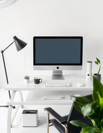 Minimalistic designer workplace with blank computer monitor, coffee cup and other items. 3D...