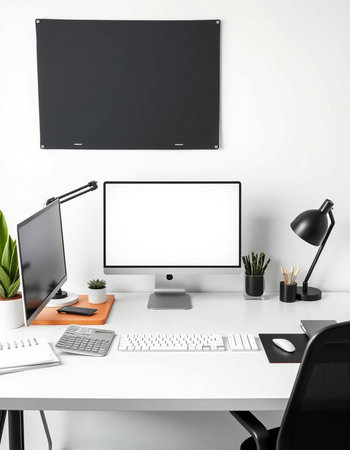 Modern workplace with computer, supplies and blank screen on white wall background