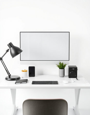 Modern workplace with computer, tablet and other items on white background. Mock up