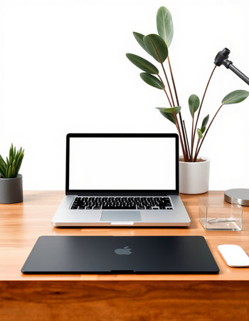 Laptop with blank screen on a wooden table.