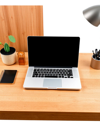 Close up of modern workplace with blank screen laptop, coffee cup and other items on wooden table,...
