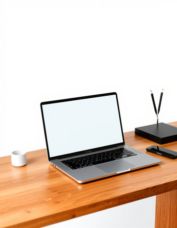 Laptop with blank screen on a wooden table isolated on white background
