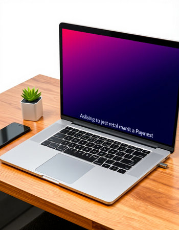 Laptop on wood desk with clipping path around the screen. 3d rendering.