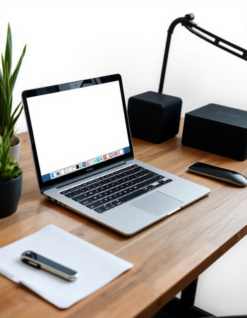 laptop with blank screen on wooden table in office, mockup