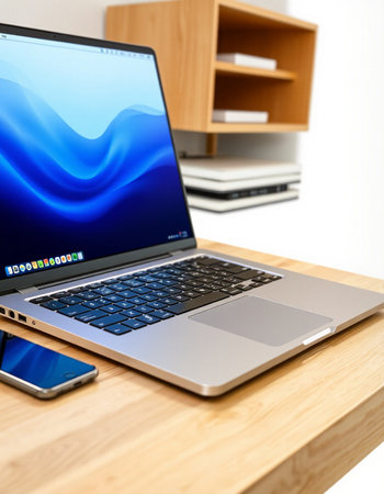 Laptop on a wooden table with books and a shelf in the background