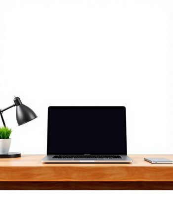 Laptop with blank screen on wooden desk. Isolated on white background