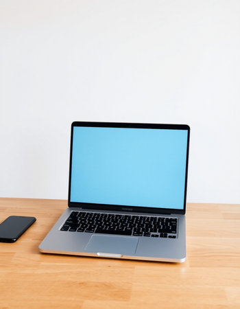 Laptop with blank screen on wooden table and white wall background.