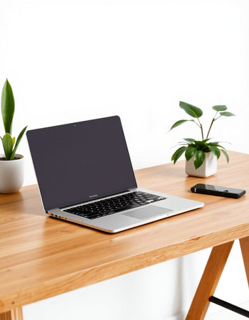 Laptop with blank screen on wooden table in office, stock photo