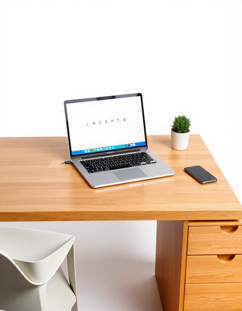 Laptop on a wooden table with a white chair and a plant