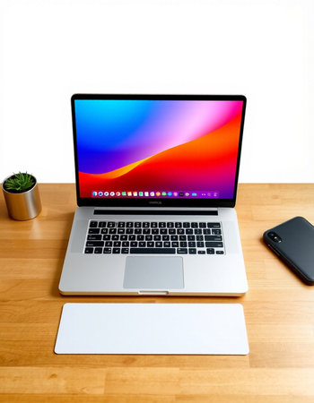 Laptop and smartphone on the wooden table with white wall background.