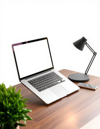 Laptop with blank screen on wooden desk. 3d rendering.