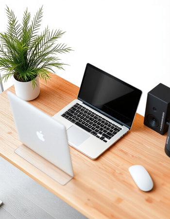 workplace with laptop, mouse, speaker and plant isolated on white