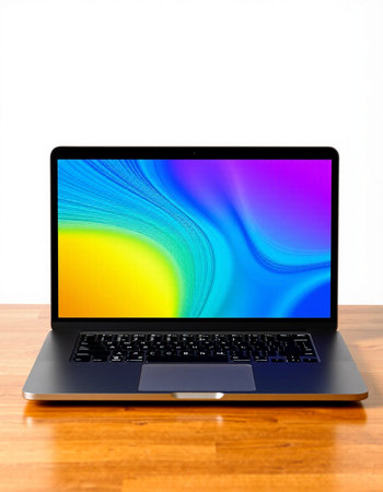 Laptop on wood table and white wall background. (with clipping path)