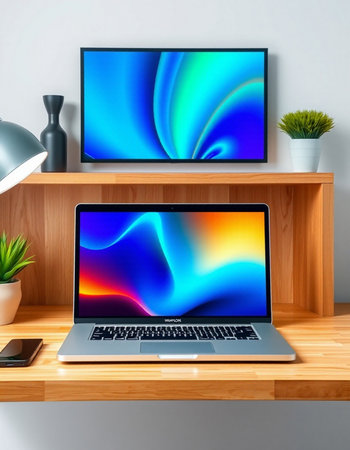 Laptop on wooden shelf in modern room. 3d rendering.