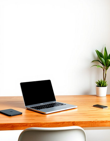 Laptop on wooden table with mobile phone and plant on white wall background