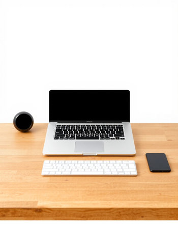 Laptop on a wooden desk isolated on white background with clipping path